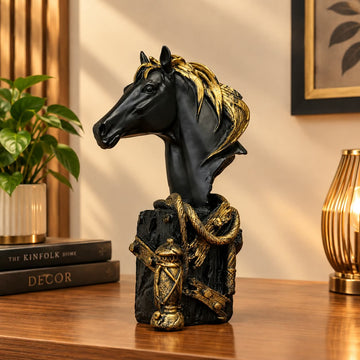 Black & Gold Horse Head with Lantern Showpiece