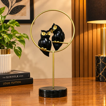Black & Gold Owls in Golden Circle Showpiece